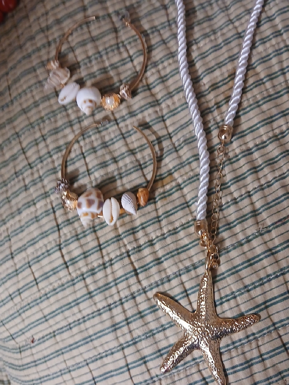Gold Starfish Pendant Necklace with White Rope  Plus Hoops